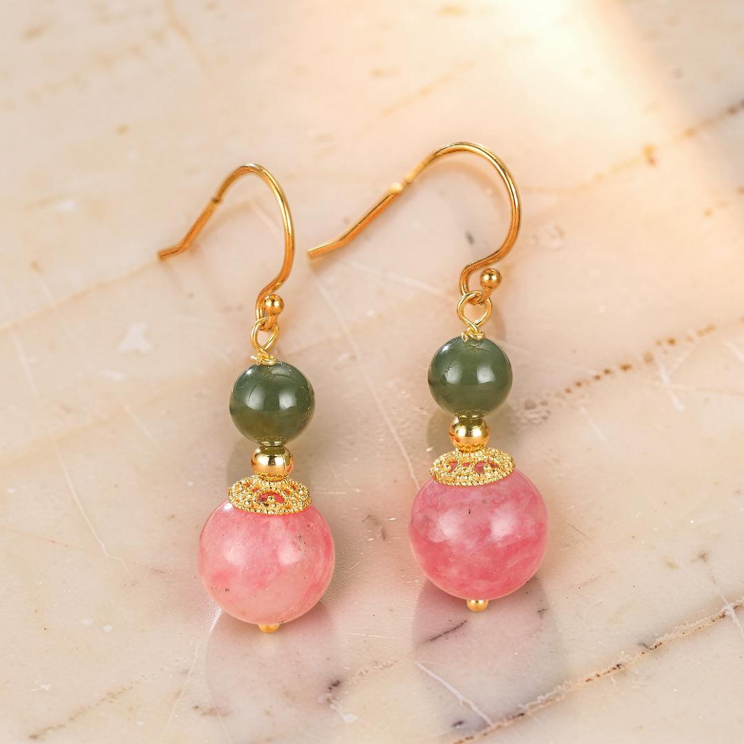 Boucles d’Oreilles Rhodonite et Jade – Duo Bien-Être