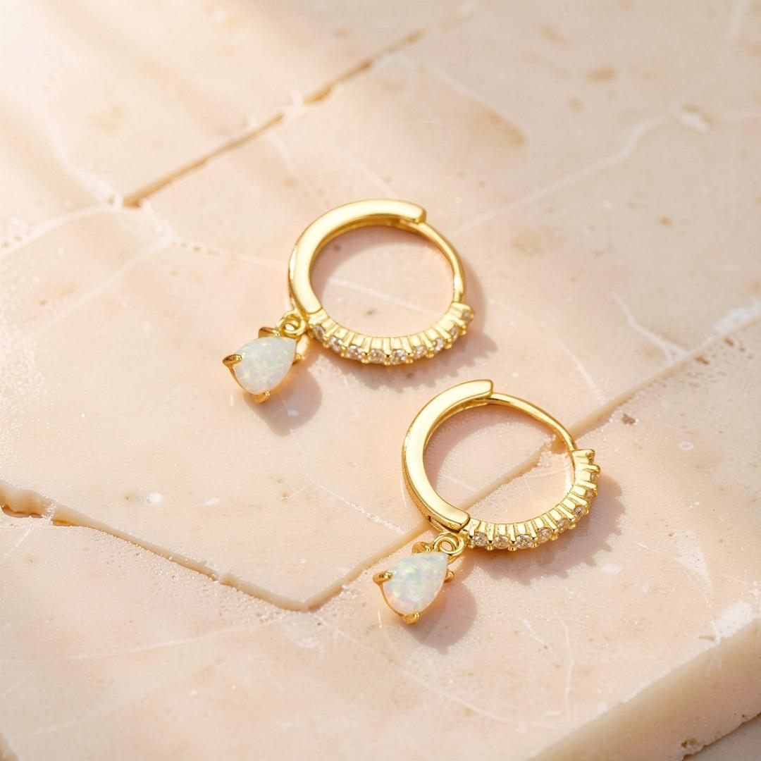 Boucles d'oreilles Opale – Goutte Solaire, Argent Plaqué Or
