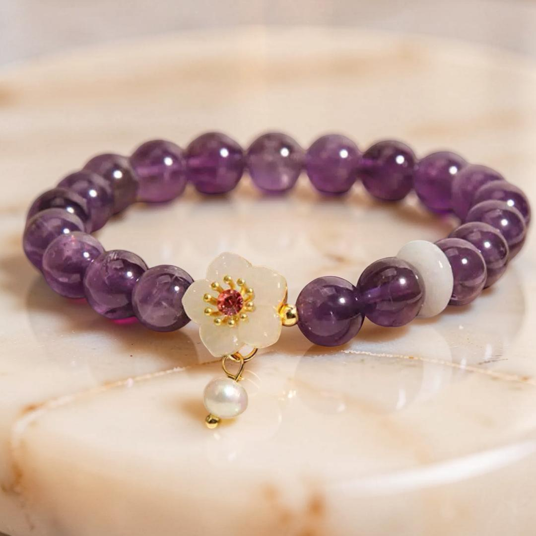 Bracelet Améthyste, Jade et Perle – Fleur de Sérénité