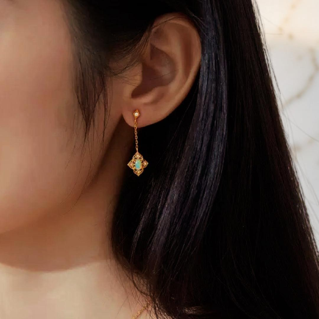 Boucles d'Oreilles Opale – Lumière Bohème, Argent Plaqué Or 10K