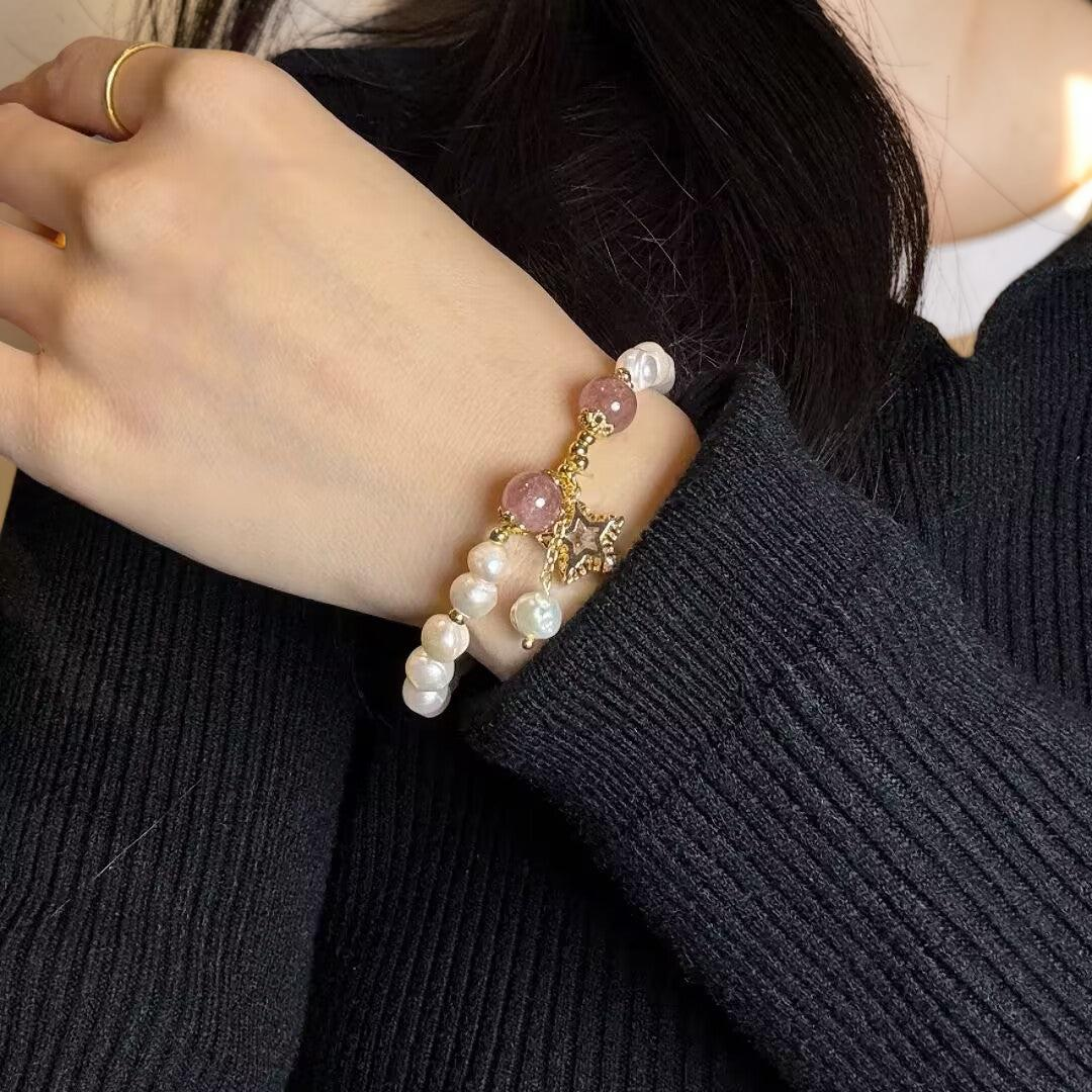 Bracelet Perle et Quartz Fraise – Étoile Mystique