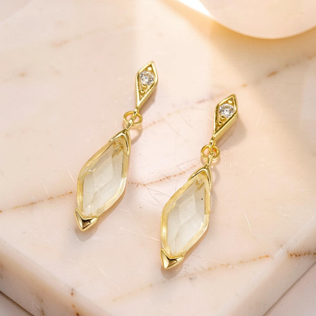 Boucles d'Oreilles Cristal de Roche – Pluie Dorée, Argent Plaqué Or 14K