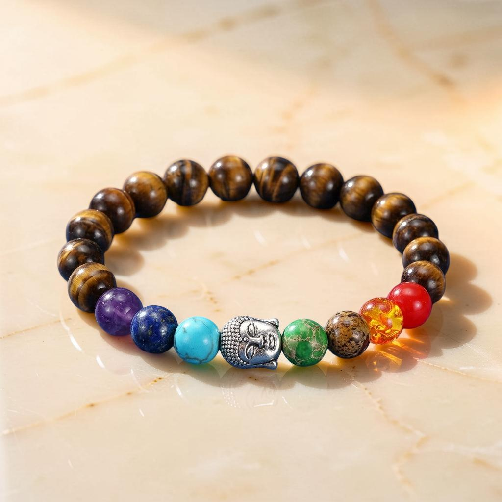 Bracelet 7 Chakras Œil de Tigre et Pierres Naturelles - Bouddha