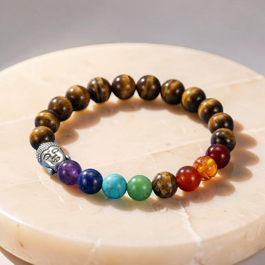 Bracelet 7 Chakras Œil de Tigre et Pierres Naturelles - Bouddha