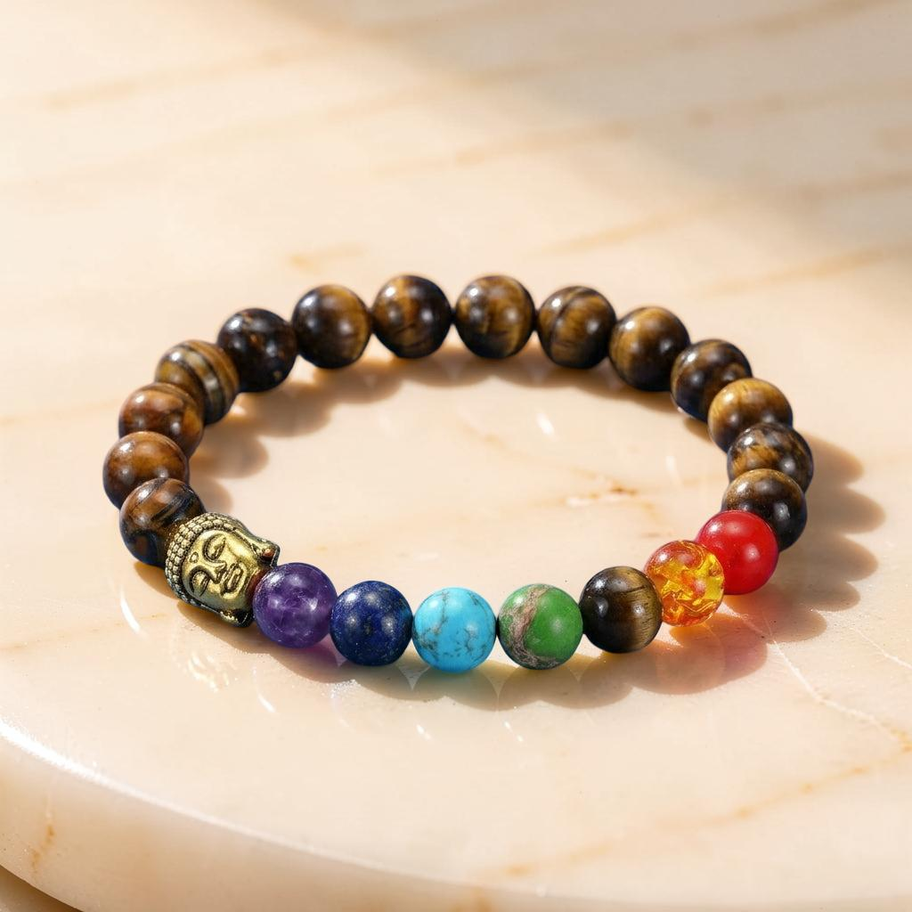 Bracelet 7 Chakras Œil de Tigre et Pierres Naturelles - Bouddha