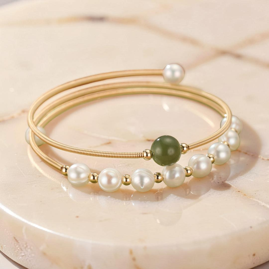 Bracelet Jade Néphrite et Perle – Élégance Pure