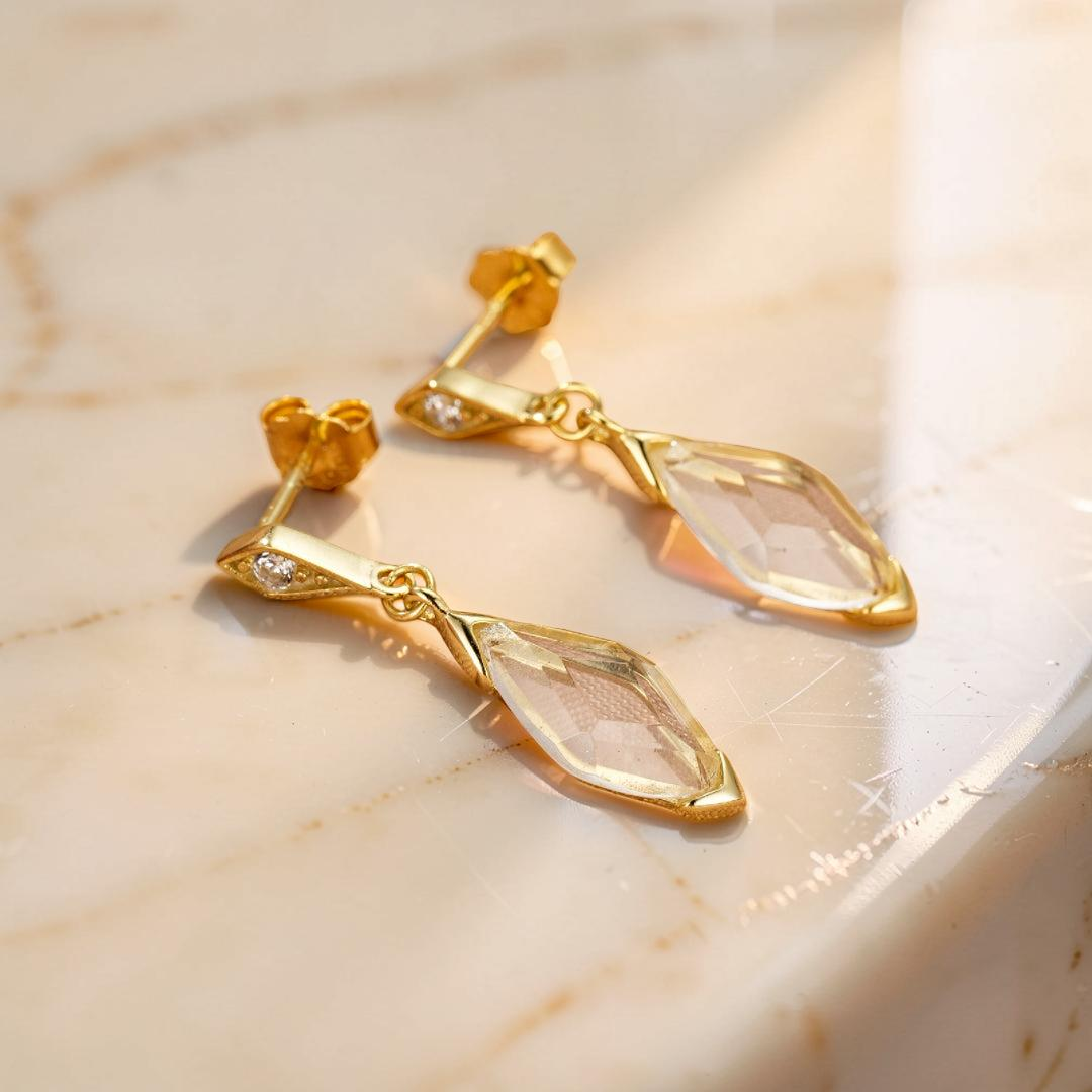 Boucles d'Oreilles Cristal de Roche – Pluie Dorée, Argent Plaqué Or 14K