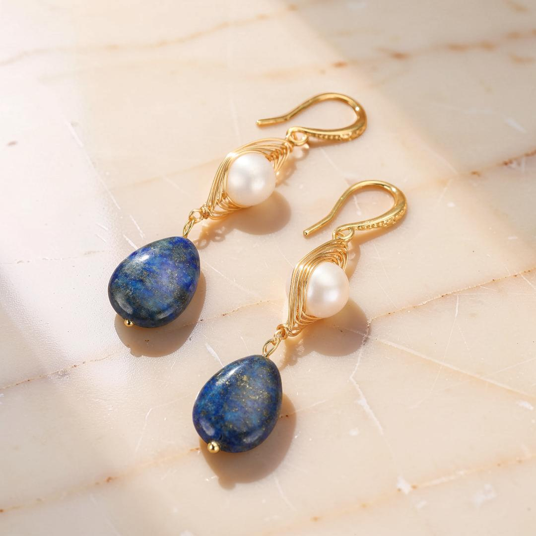Boucles d'Oreilles Perles et Lapis Lazuli - Blanc et Bleu