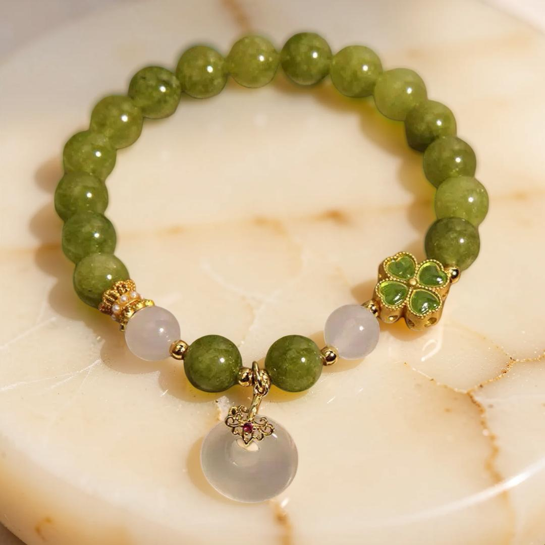 Bracelet Tourmaline Verte et Jade – Trèfle Porte-Chance