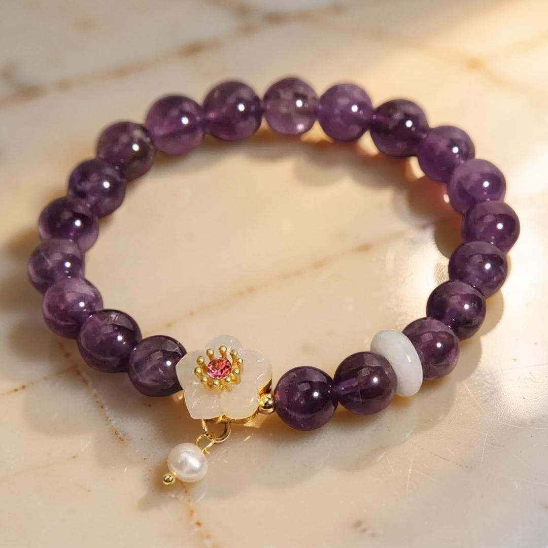 Bracelet Améthyste, Jade et Perle – Fleur de Sérénité