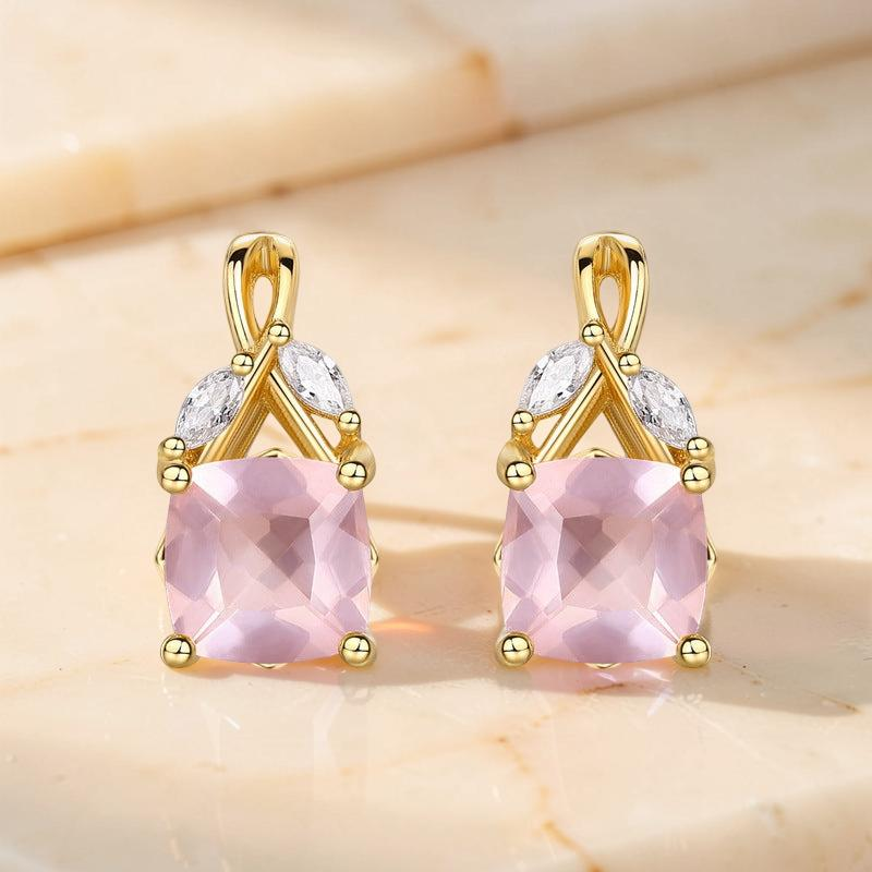 Boucles d'Oreilles Quartz Rose – Élégant Feuillu, Argent Plaqué Or