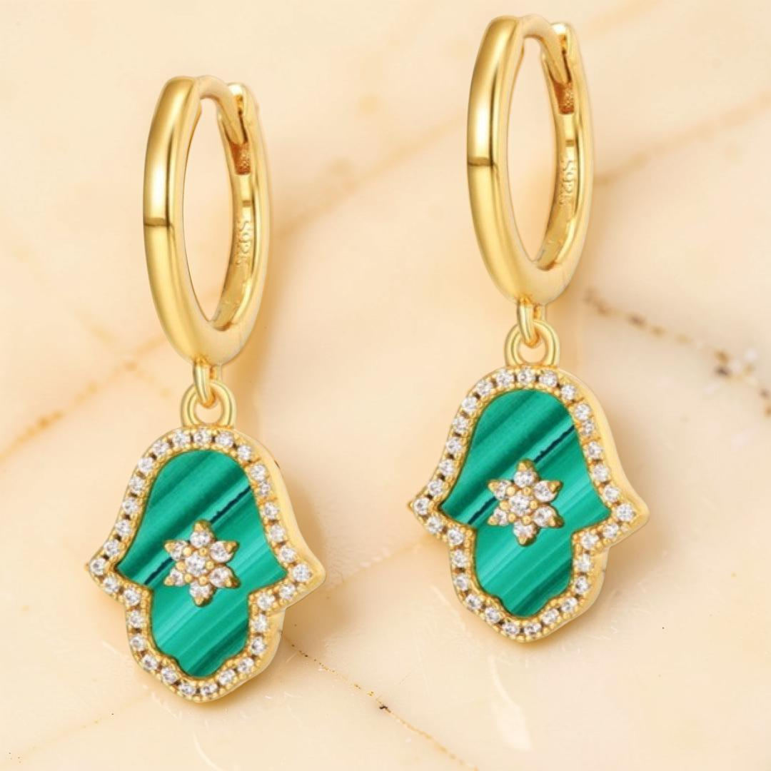 Boucles d’oreilles Malachite – Main de Fatma Étoilée, Argent Plaqué Or