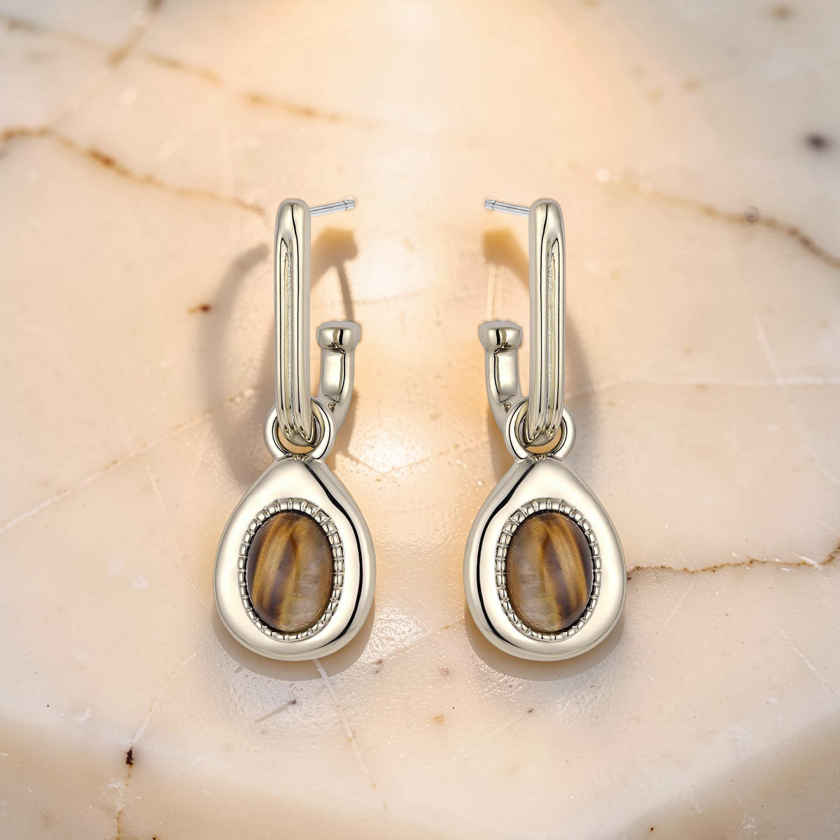 Boucles d'Oreilles Œil de Tigre – Charme Exotique, Plaqué Or