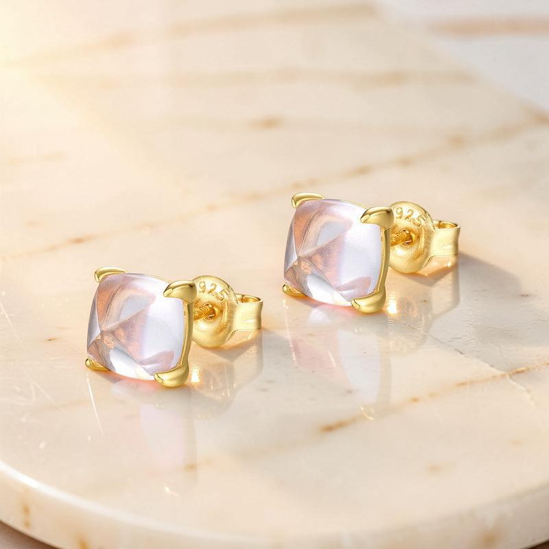 Boucles d'Oreilles Quartz Rose – Éclat Divin, Argent Plaqué Or