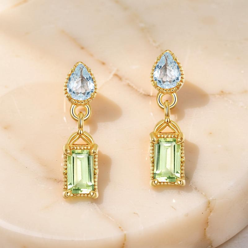 Boucles d'Oreilles Péridot et Topaze – Géométrie Raffinée, Argent Plaqué Or