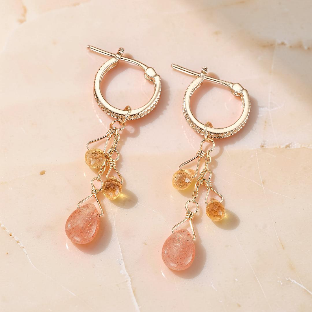 Boucles d'Oreilles Pierre de Soleil et Citrine – Rayons Bohèmes, Argent Plaqué Or