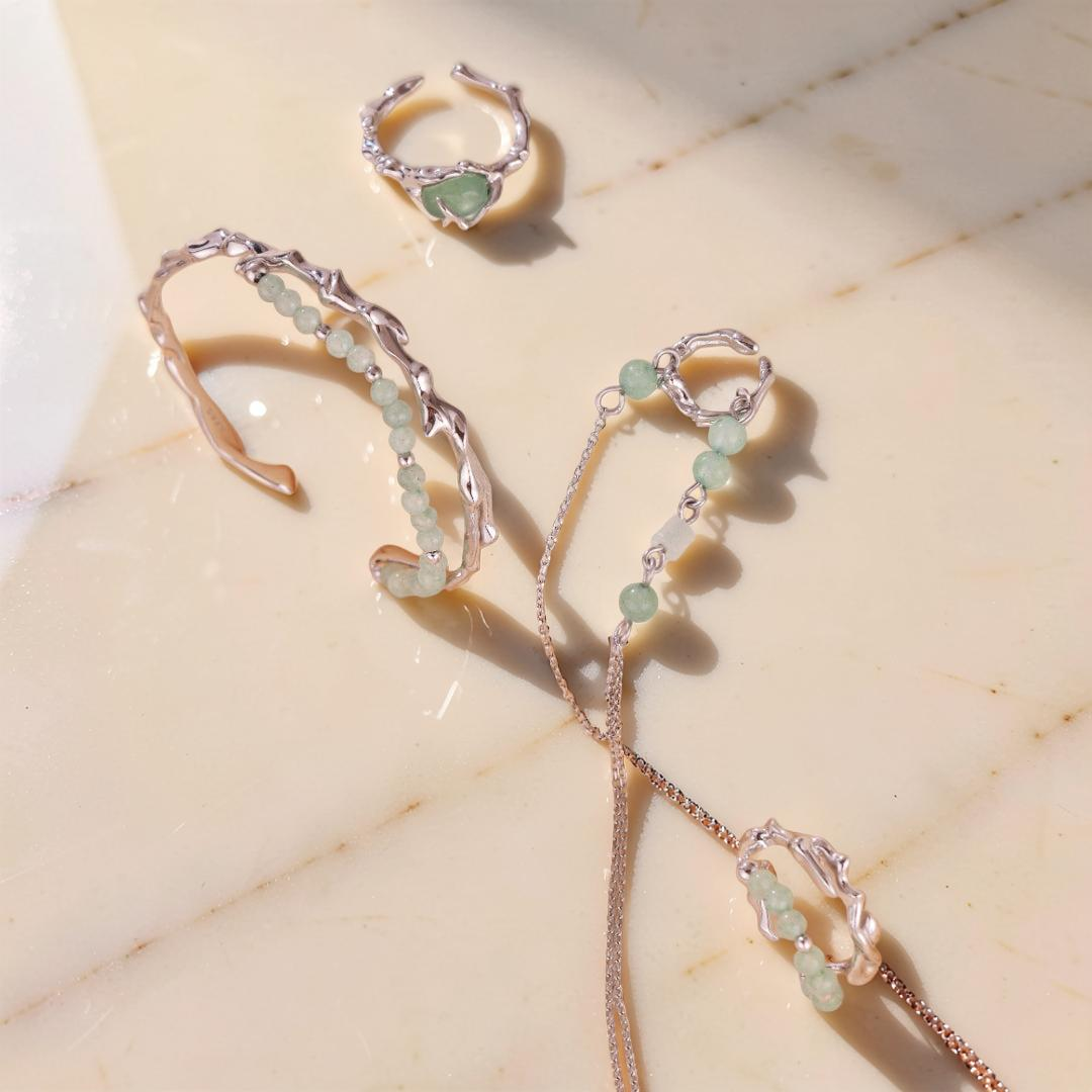 Boucle d'Oreille Aventurine – Force du Bambou, Argent