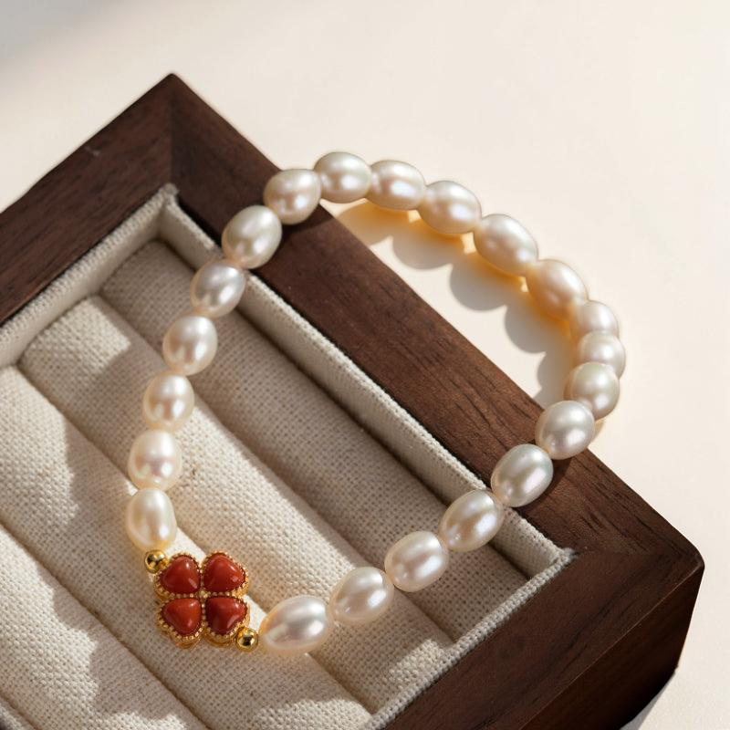 Bracelet Perle – Trèfle Charmant, Argent Plaqué Or