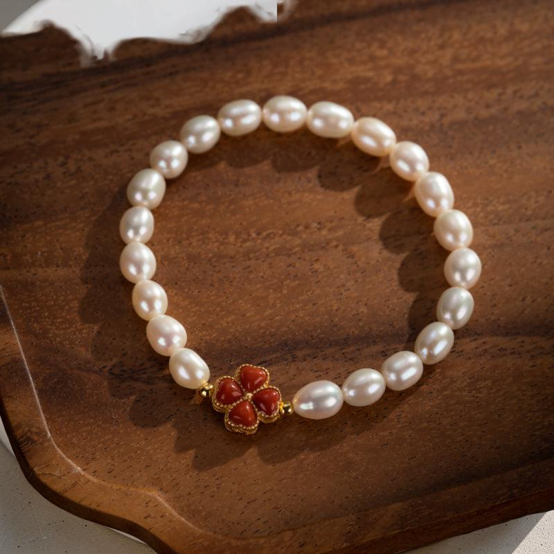 Bracelet Perle – Trèfle Charmant, Argent Plaqué Or