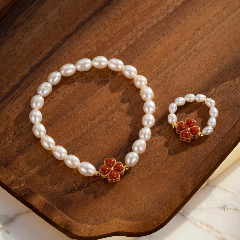 Bracelet Perle – Trèfle Charmant, Argent Plaqué Or