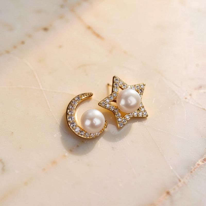 Boucles d'Oreilles Perle – Étoile Lunaire, Plaqué Or