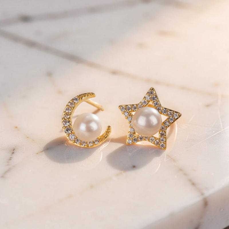 Boucles d'Oreilles Perle – Étoile Lunaire, Plaqué Or