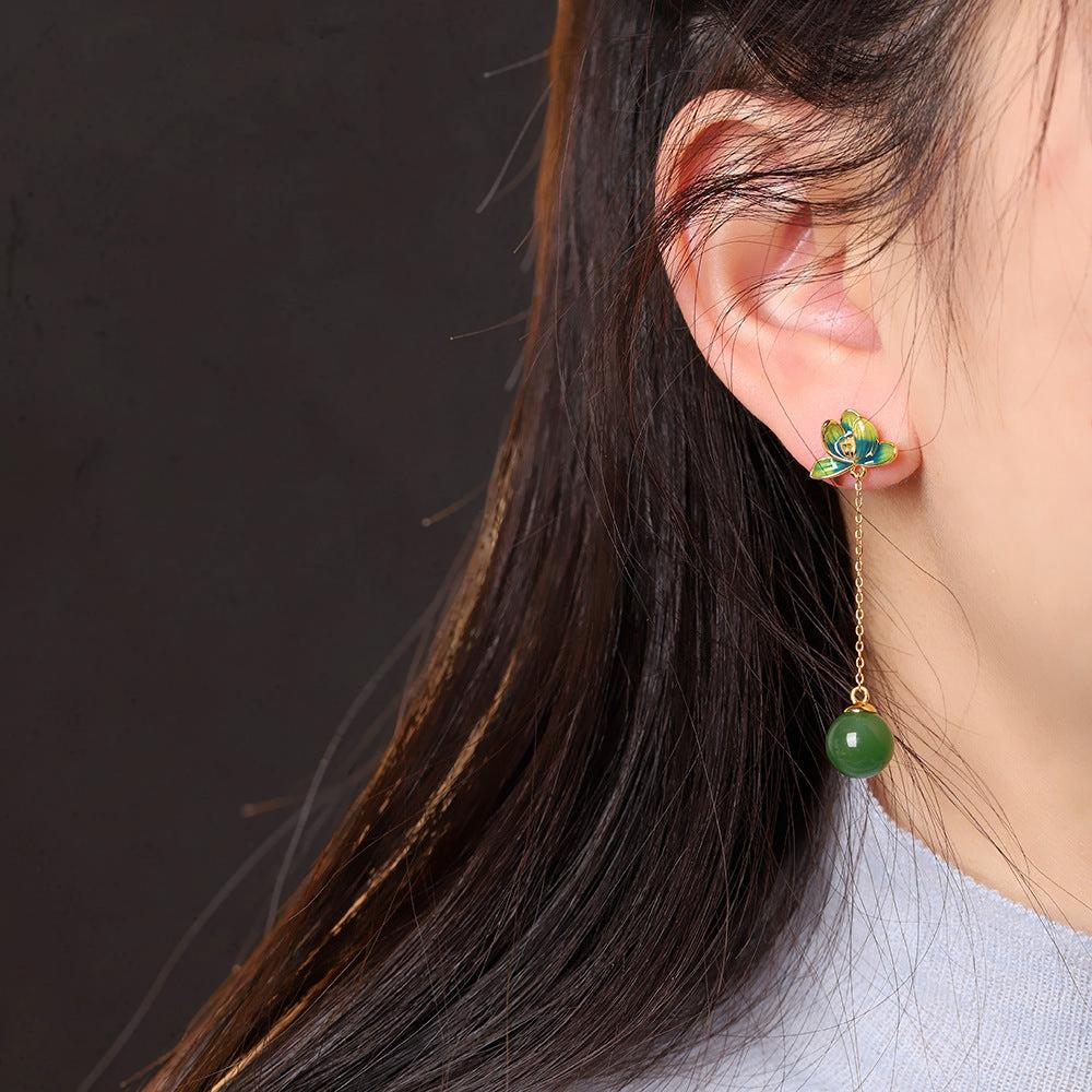 Boucles d'Oreille Jade - Beauté de Lotus, Argent Plaqué Or