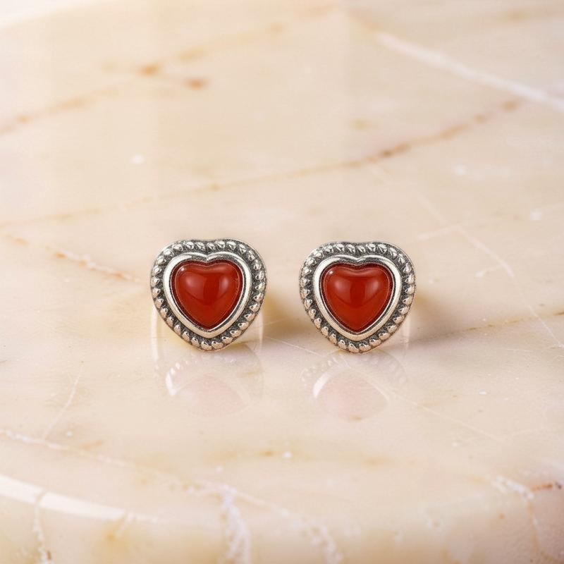 Boucles d'Oreilles Agate Rouge – Cœur Passion, Argent