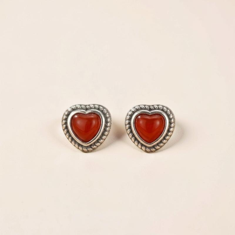 Boucles d'Oreilles Agate Rouge – Cœur Passion, Argent