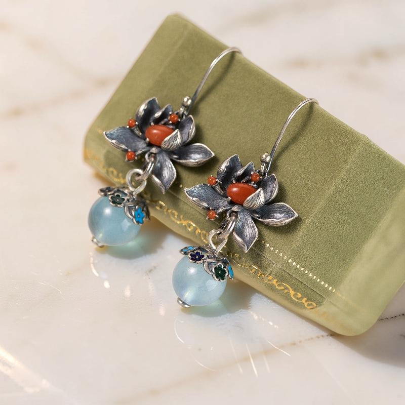 Boucles d'Oreilles Aigue Marine – Lotus Sérénité, Argent
