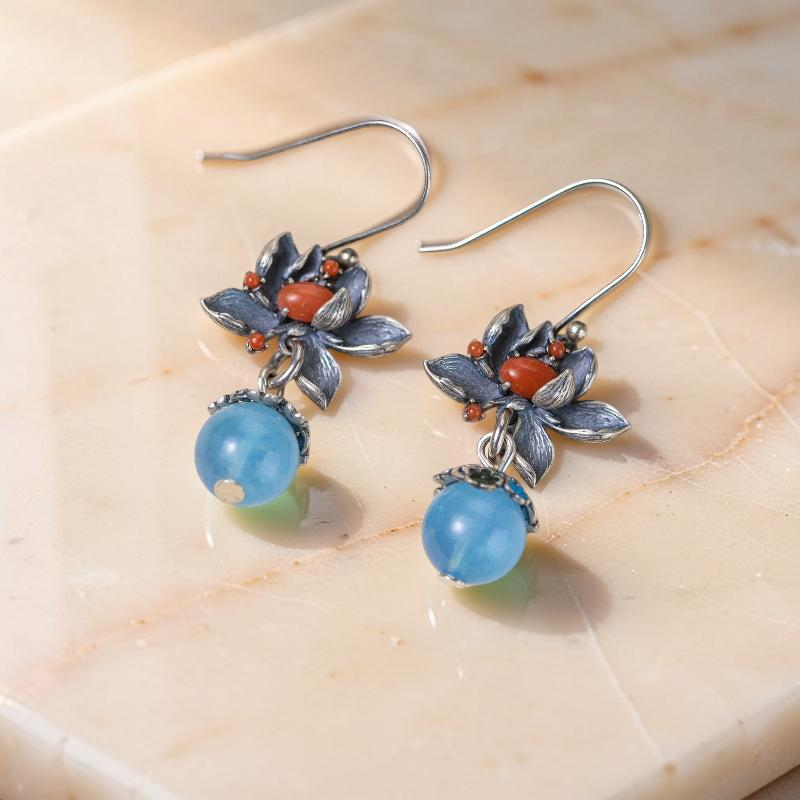 Boucles d'Oreilles Aigue Marine – Lotus Sérénité, Argent