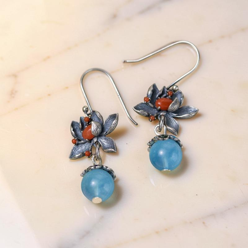 Boucles d'Oreilles Aigue Marine – Lotus Sérénité, Argent
