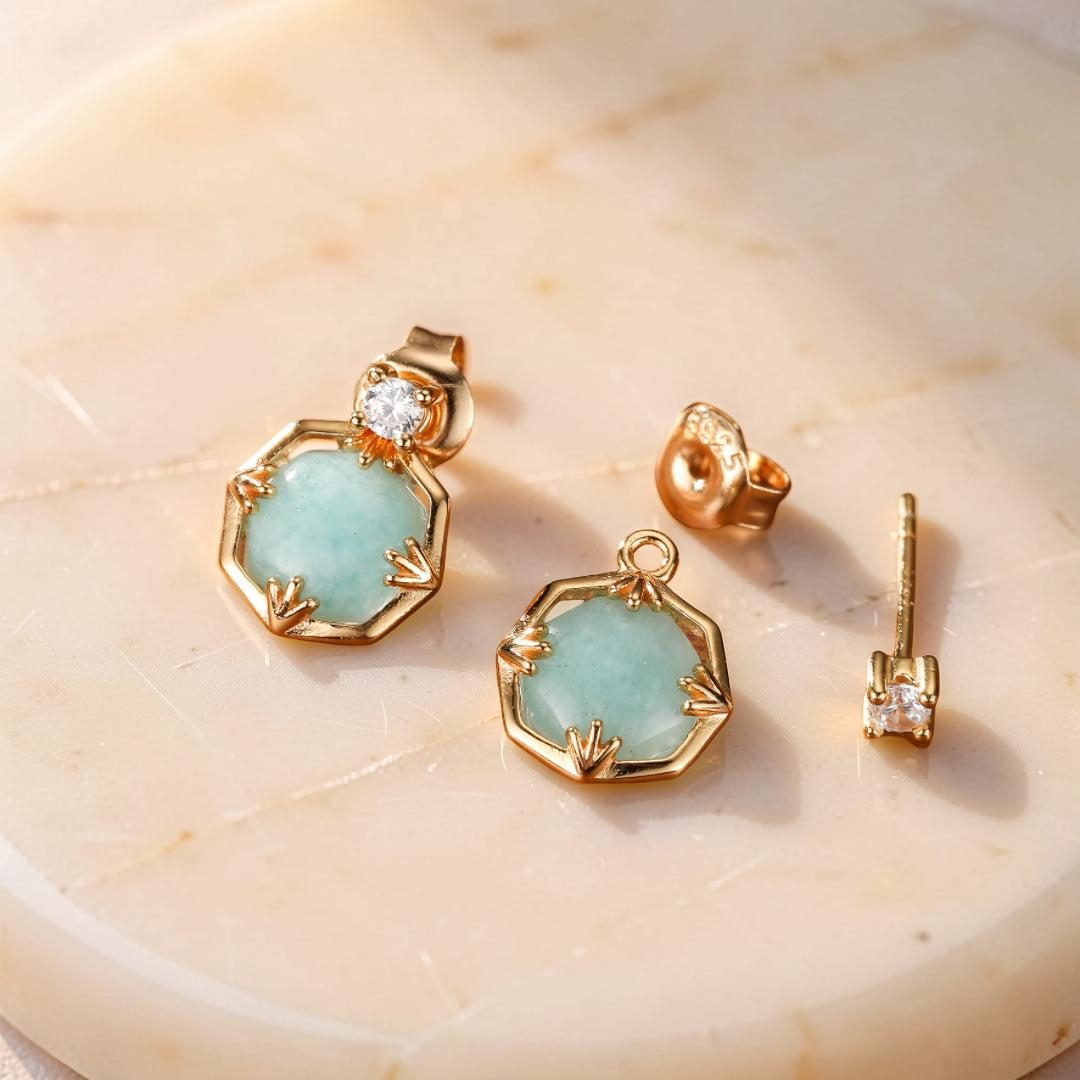 Boucles d'Oreilles Amazonite et Cristal de Roche – Danse des Étoiles, Argent Plaqué Or