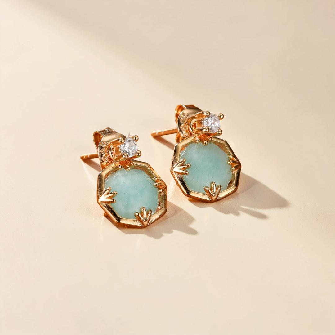 Boucles d'Oreilles Amazonite et Cristal de Roche – Danse des Étoiles, Argent Plaqué Or