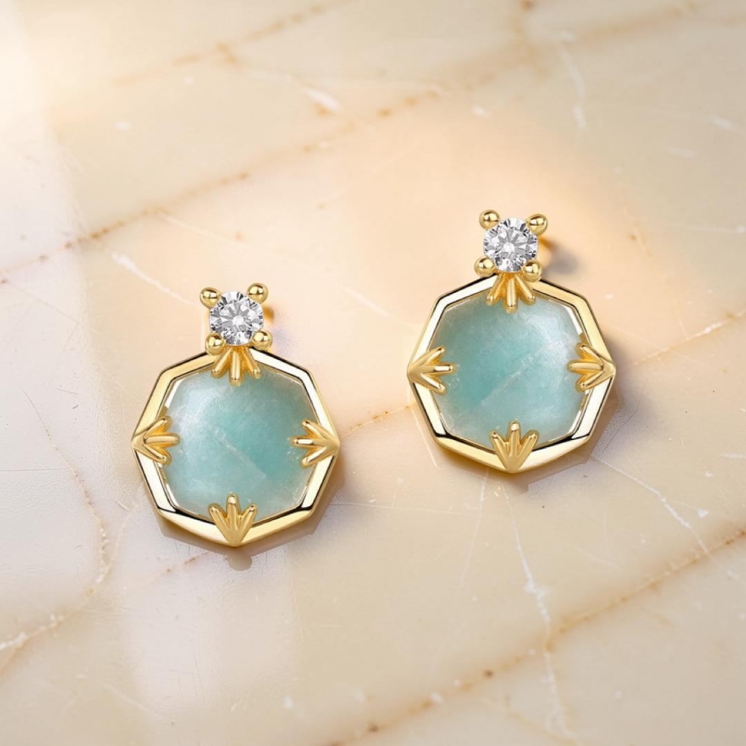 Boucles d'Oreilles Amazonite et Cristal de Roche – Danse des Étoiles, Argent Plaqué Or