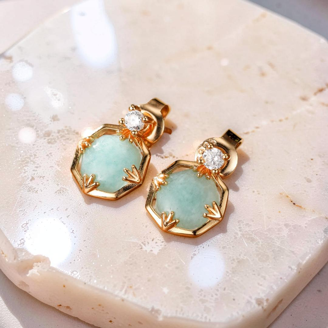Boucles d'Oreilles Amazonite et Cristal de Roche – Danse des Étoiles, Argent Plaqué Or