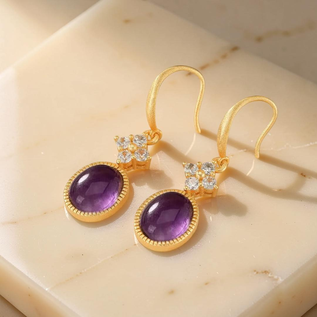 Boucles d'Oreilles Améthyste – Rêve Byzantin, Argent Plaqué Or