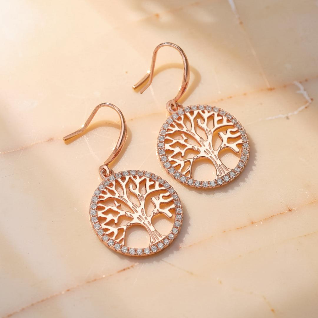 Boucles d'Oreilles Arbre de Vie – Renouveau, Argent Plaqué Or Rose