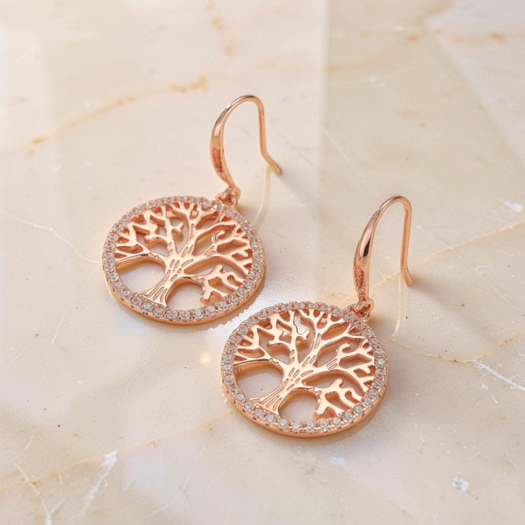 Boucles d'Oreilles Arbre de Vie – Renouveau, Argent Plaqué Or Rose