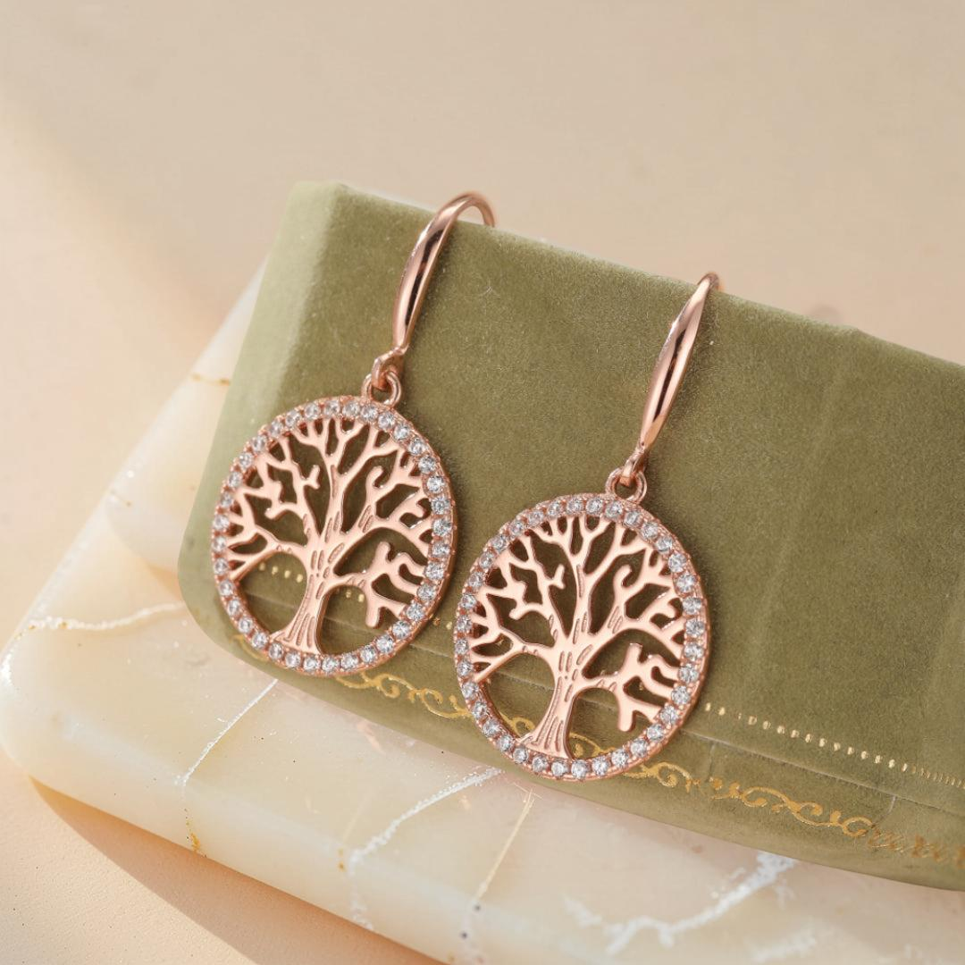Boucles d'Oreilles Arbre de Vie – Renouveau, Argent Plaqué Or Rose