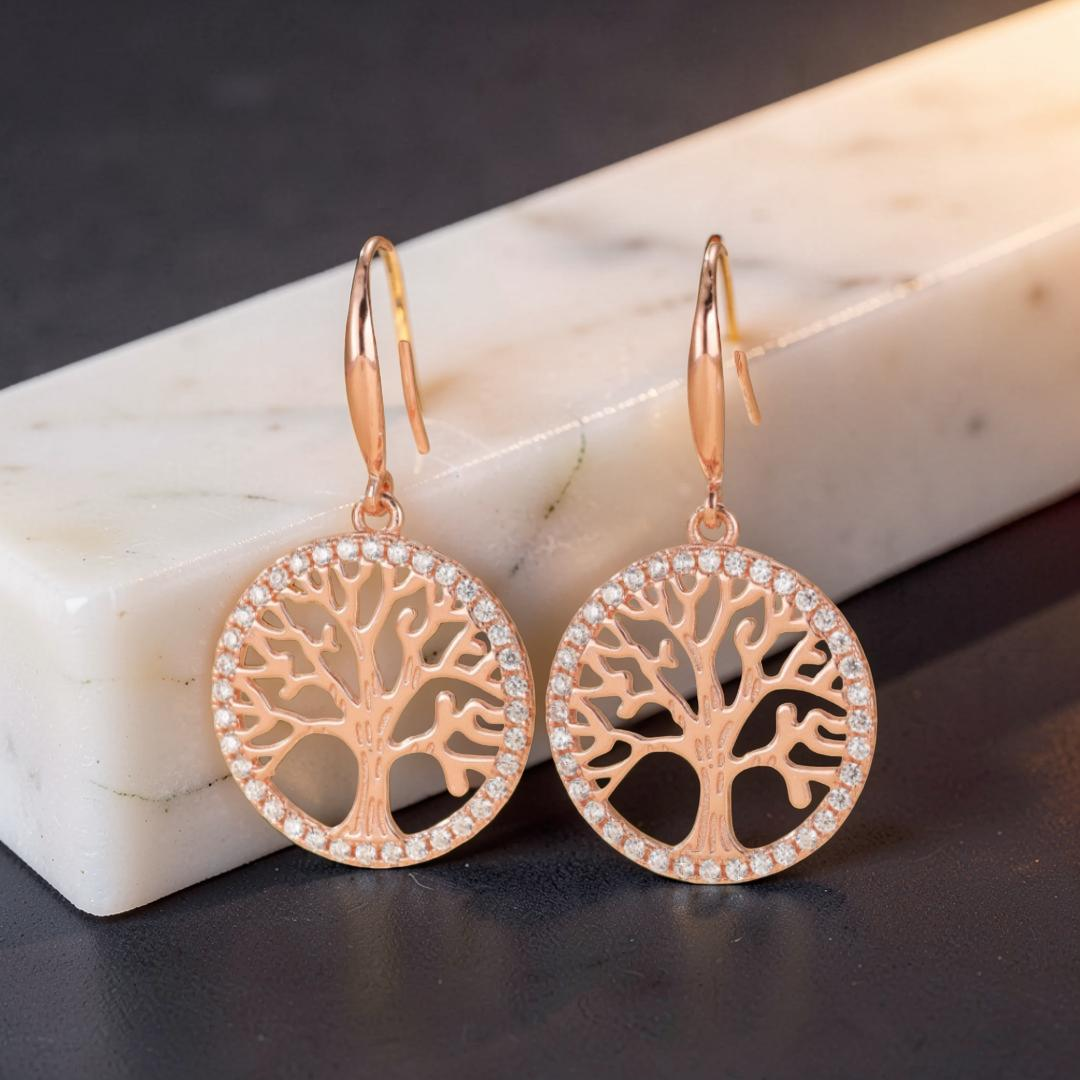 Boucles d'Oreilles Arbre de Vie – Renouveau, Argent Plaqué Or Rose