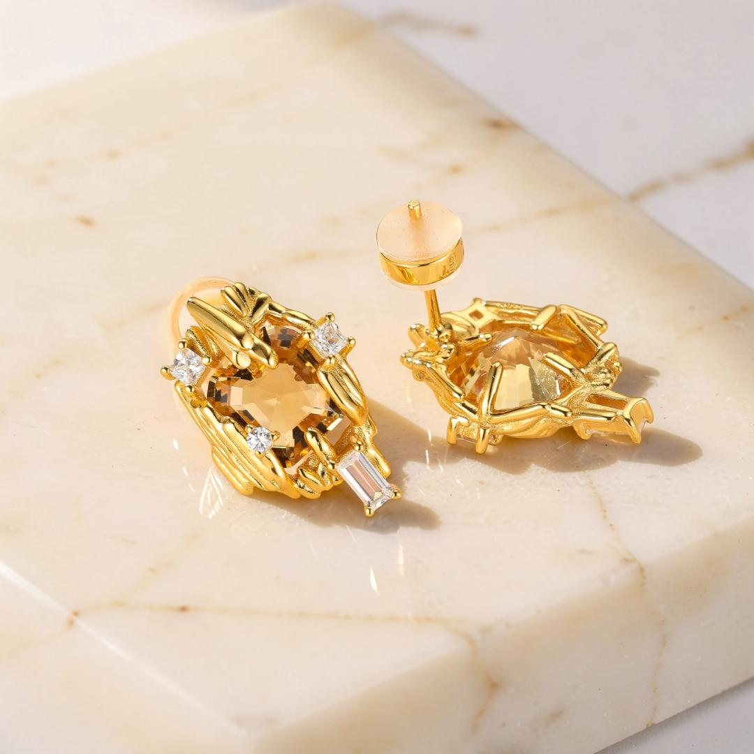 Boucles d'Oreilles Citrine – Trésor Radieux, Argent Plaqué Or