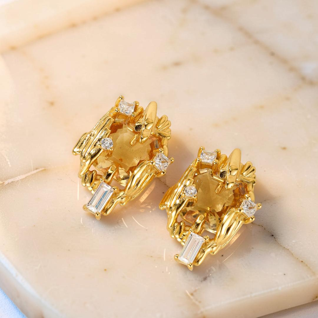 Boucles d'Oreilles Citrine – Trésor Radieux, Argent Plaqué Or