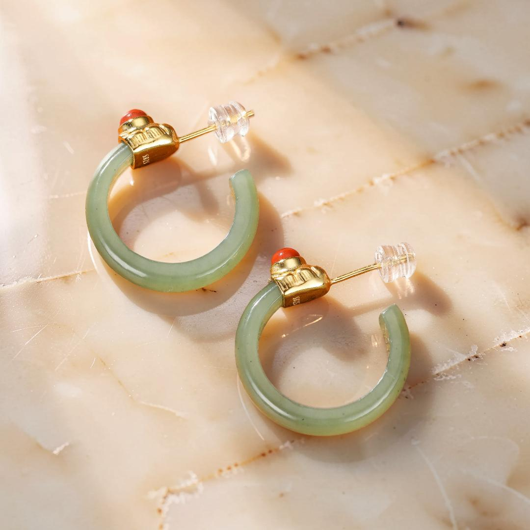Boucles d'Oreilles Créoles Jade et Agate – Charme Antique, Argent Plaqué Or