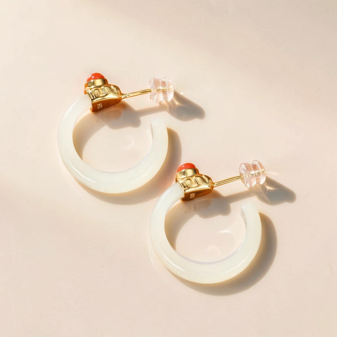 Boucles d'Oreilles Créoles Jade et Agate – Charme Antique, Argent Plaqué Or