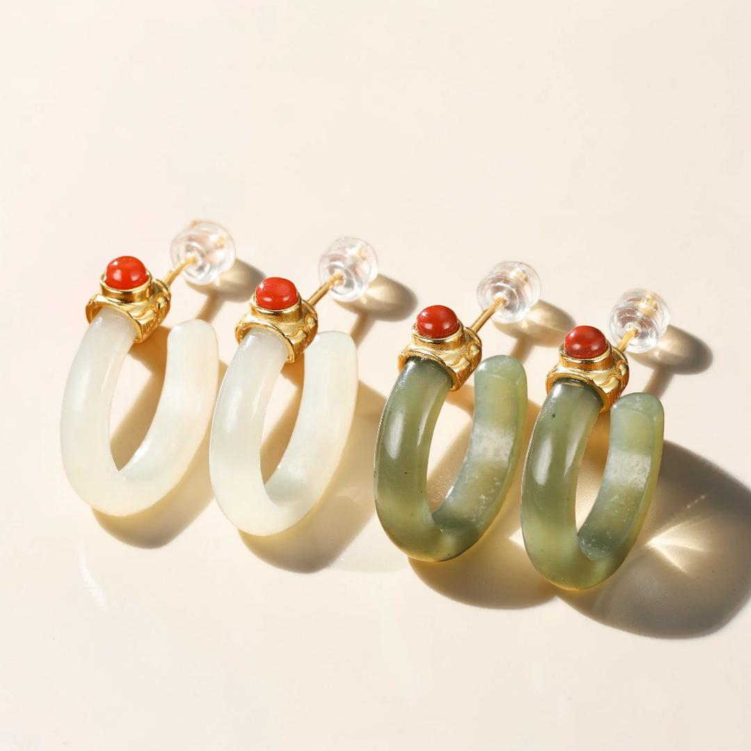 Boucles d'Oreilles Créoles Jade et Agate – Charme Antique, Argent Plaqué Or