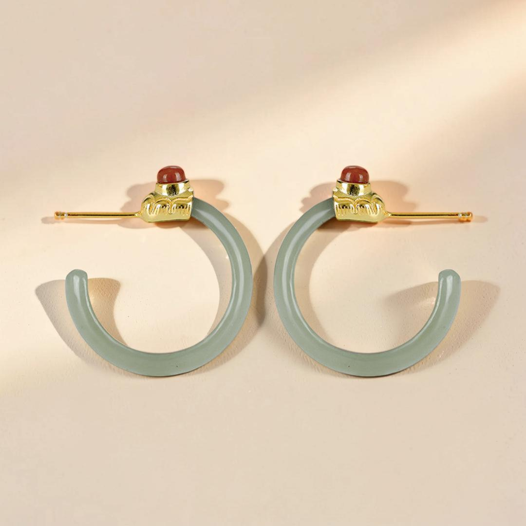 Boucles d'Oreilles Créoles Jade et Agate – Charme Antique, Argent Plaqué Or