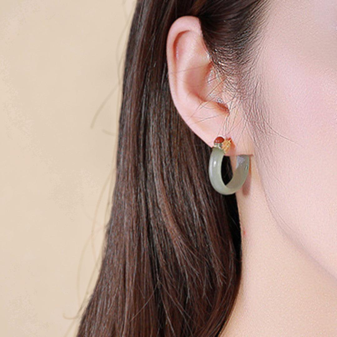 Boucles d'Oreilles Créoles Jade et Agate – Charme Antique, Argent Plaqué Or
