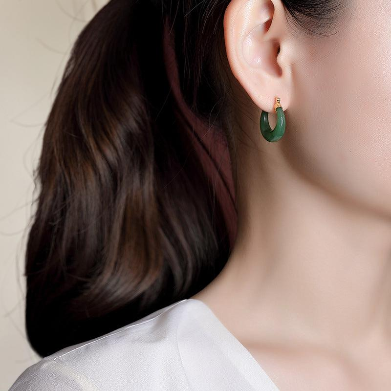 Boucles d'Oreilles Créoles Jade – Sérénité, Argent Plaqué Or