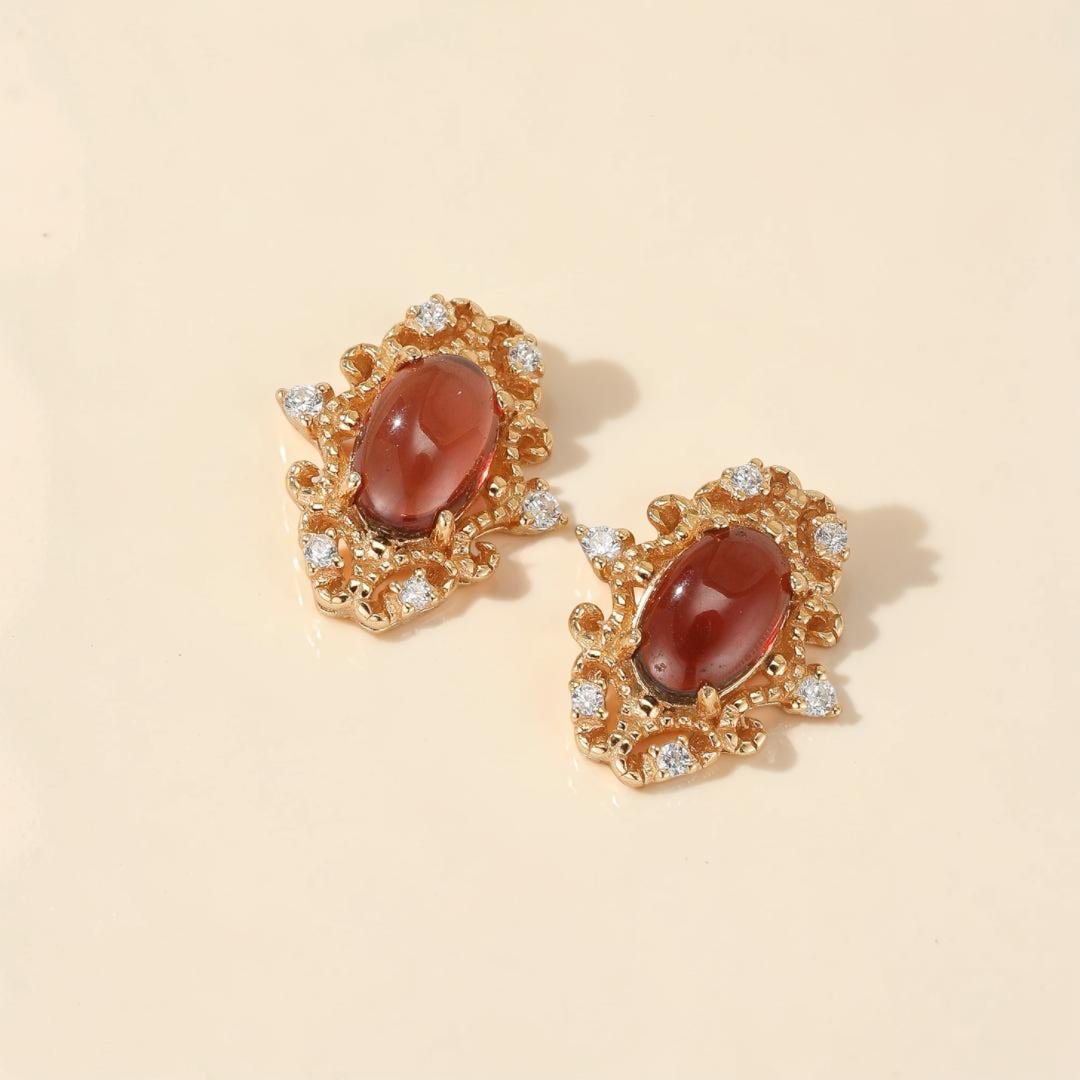 Boucles d'Oreilles Grenat – Flamme Royale, Argent Plaqué Or 10K